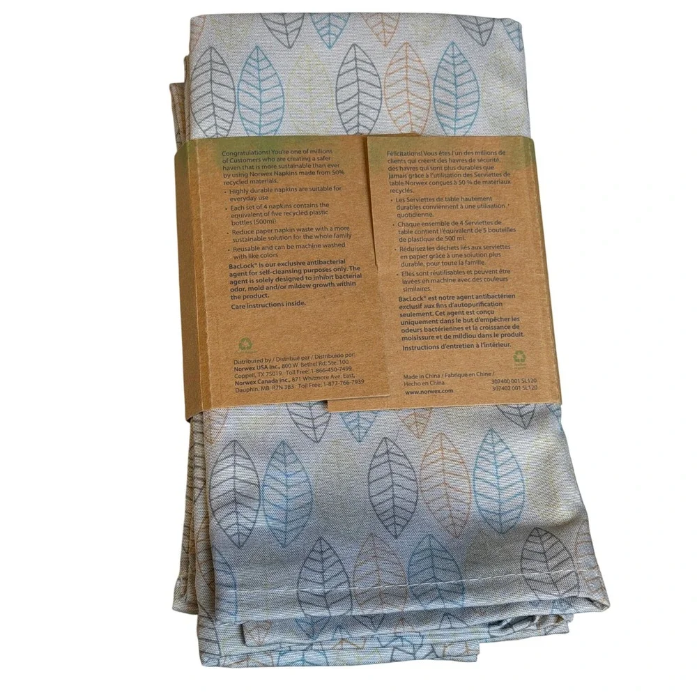 Norwex Napkins‎ Set of 4 Leaf Recycled BacLock Eco-Friendly Housewarming Gift